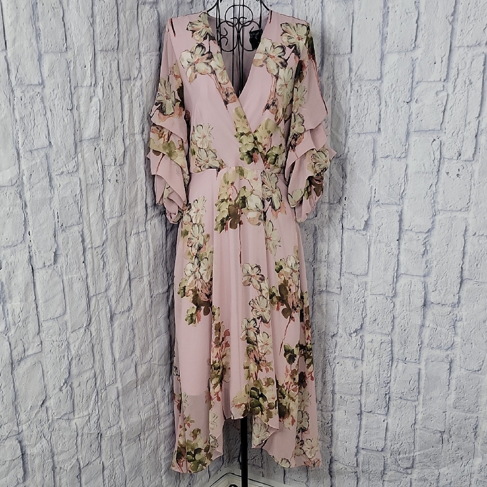 Gabby Skye Blush Pink Floral Chiffon Midi Dress Size 6